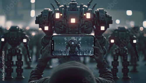 Rear view of a man taking a photo of a robot with a smartphone. Generative AI