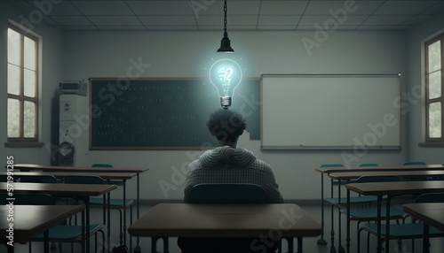 Back view of businessman sitting in classroom and looking at glowing light bulb. Idea concept. Generative AI