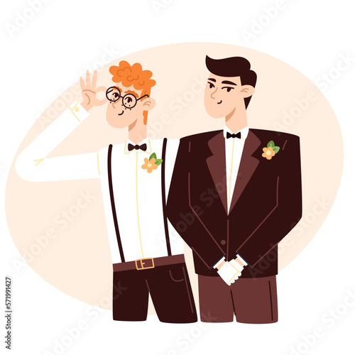 Multicultural couple at the wedding, flat style illustration