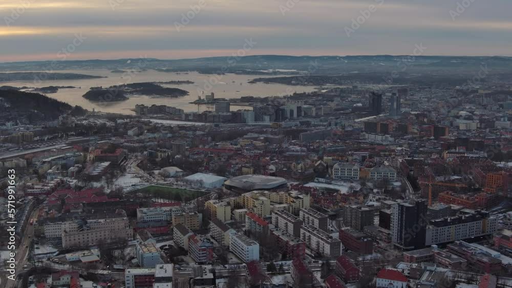 custom made wallpaper toronto digitalDrone film stock in winter Norway - drone flight over suburds of Oslo city and approaching downtown area - The oslo fjord is visible in the background