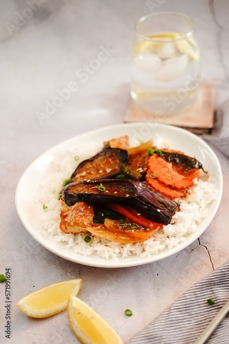 Stir fried Thai Eggplant  with vegetables in sweet sauce served with Jasmine rice