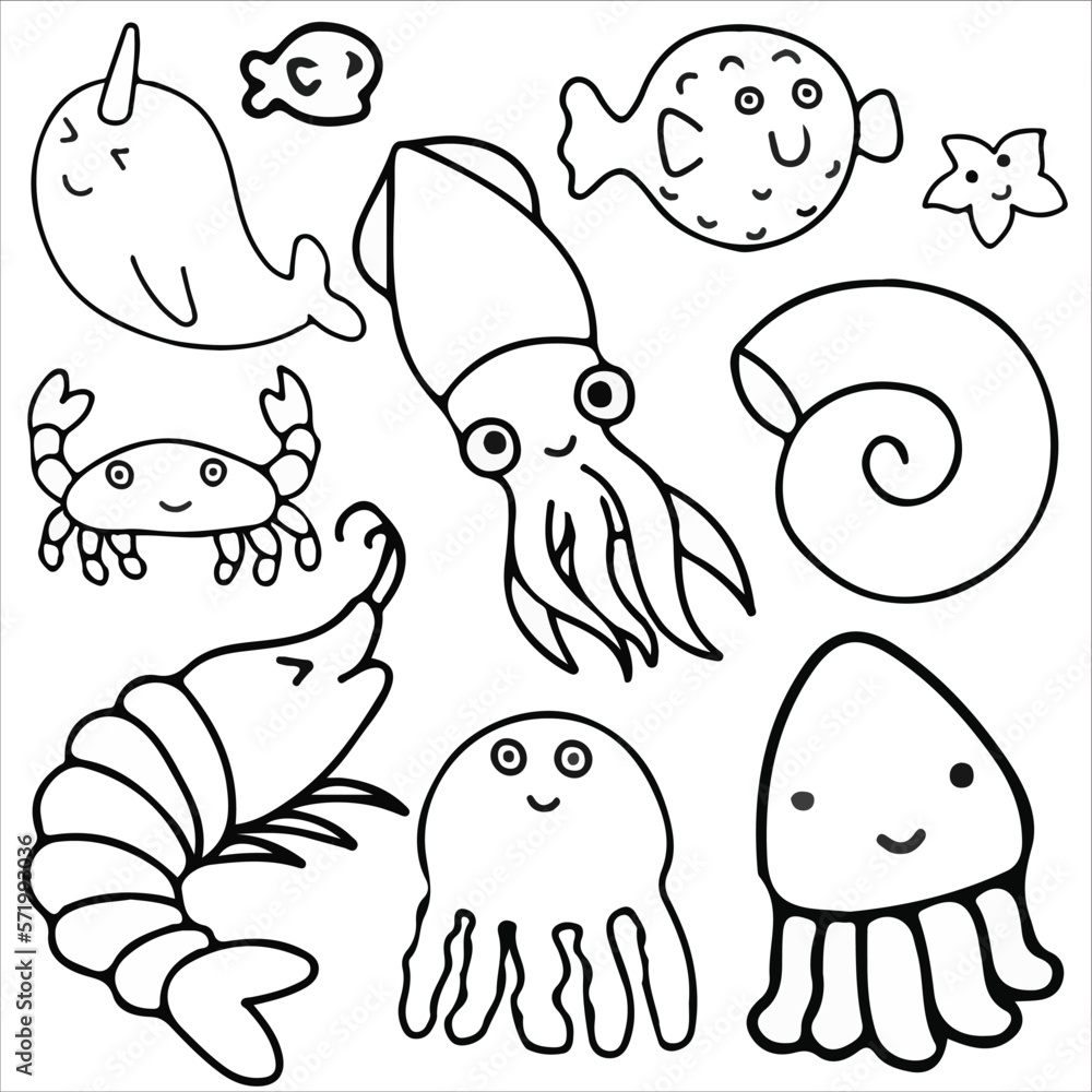Fototapeta premium Sea animals doodle icon set vector illustration. Suitable for sticker pack, icon, logo and graphic design elements