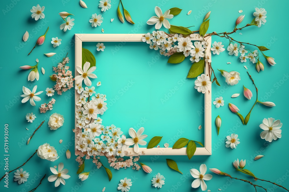 Beautiful spring nature background with lovely blossom, petal a on turquoise blue background frame made with Generative AI