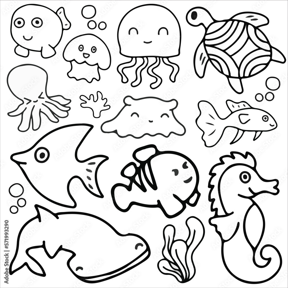 Naklejka premium Sea animals doodle icon set vector illustration. Suitable for sticker pack, icon, logo and graphic design elements