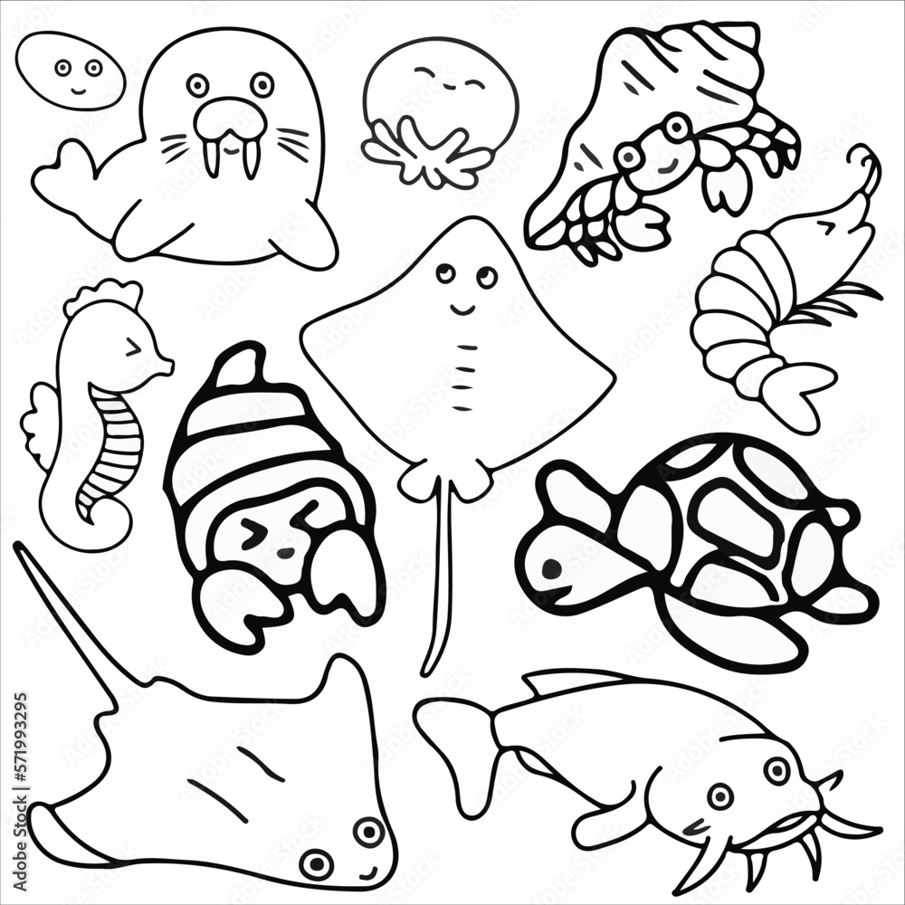 Fototapeta premium Sea animals doodle icon set vector illustration. Suitable for sticker pack, icon, logo and graphic design elements