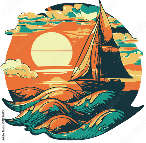 Vector image of small sailing yacht. Sea wave, sunset and small sailing ship..