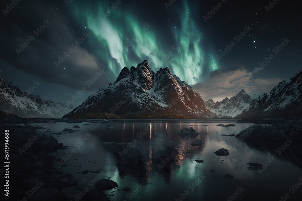 Photorealistic aurora borealis moody, northern lights with starry in the night sky. Fantastic winter landscape of snowy mountains, created with Generative AI