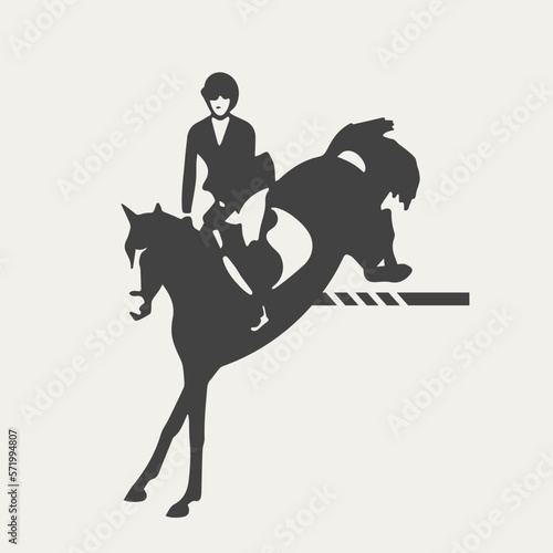 Black and white silhouette of an equestrian athlete and a horse, landing after a jump