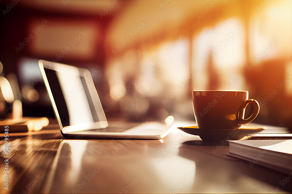 notebook (Laptop) on Copy space of table top counter on blur bokeh coffee cafe. Generative AI notebook (Laptop) on Copy space of table top counter on blur bokeh coffee cafe. Generative AI