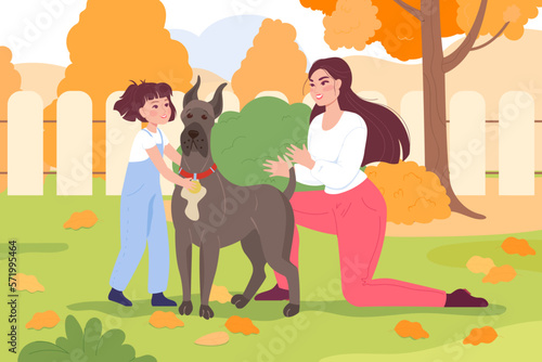 Mother and daughter playing with dog outside vector illustration. Happy woman kneeling and girl hugging pet in autumn backyard or park. Family spending time together. Pet training, animal concept