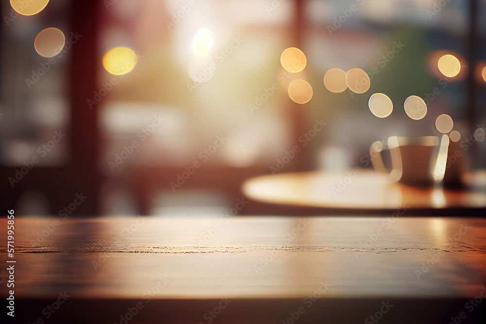 Copy space of table top counter on blur bokeh coffee cafe. Generative AI