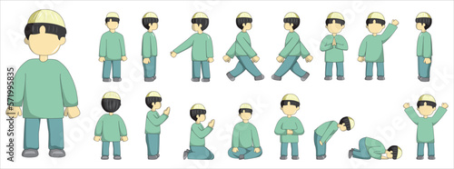 moslem boy set character vector illustration with turquoise and blue outfit, suitable for sticker pack and ramadan graphic design elements. Moslem cartoon character illustration.