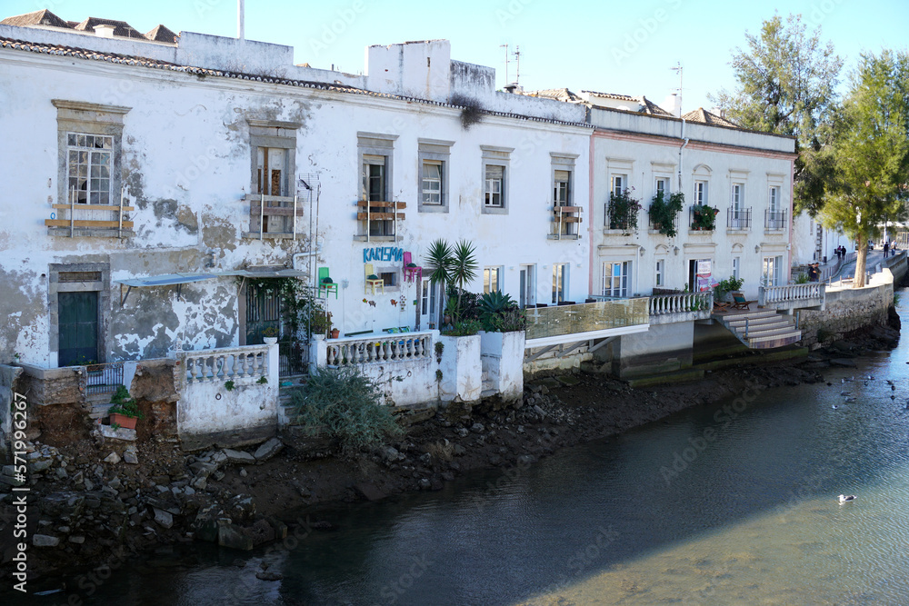 old town of Tavira at the river Gilão in the Eastern Algarve                          