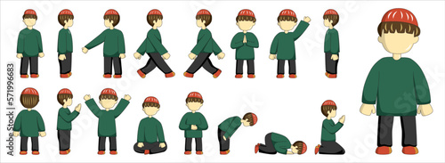 moslem boy set character vector illustration with emerald and black outfit, suitable for sticker pack and ramadan graphic design elements. Moslem cartoon character illustration.