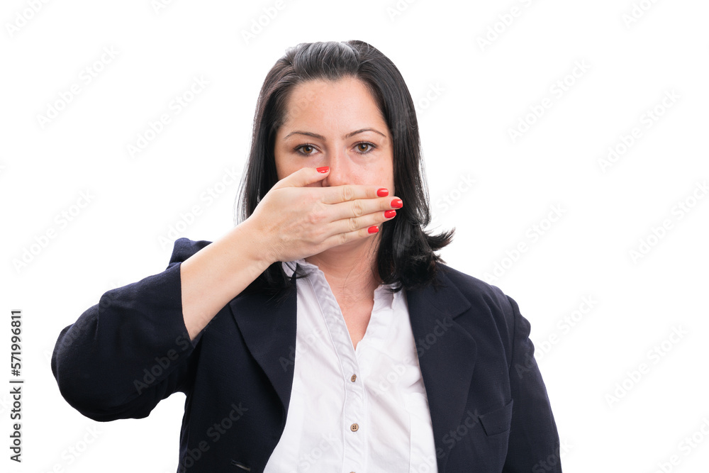 Female corporate covering mouth using hand as secret concept Female corporate covering mouth using hand as secret concept