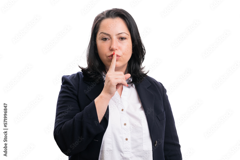 Entrepreneur woman shush gesture touching lips with finger Entrepreneur woman shush gesture touching lips with finger