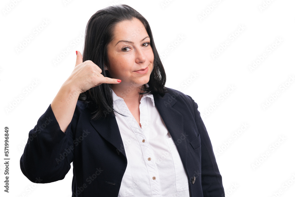 Friendly businesswoman making phone call gesture with fingers Friendly businesswoman making phone call gesture with fingers