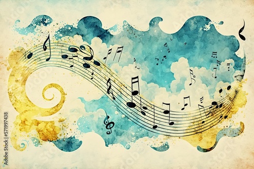 Blue and yellow abstract pattern clouds with music notes floating in air. The background has a painted watercolor paper texture, giving it a unique and organic feel, ai