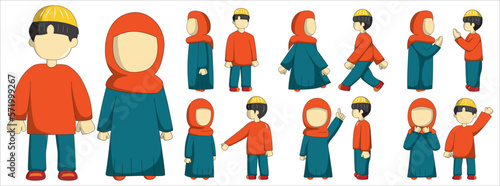 Moslem boy and girl character with emerald and orange outfit. Moslem couple cartoon character. Suitable for ramadhan graphic design element and sticker pack