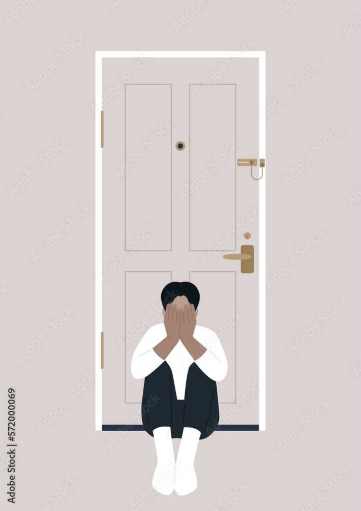 A young character sitting on the floor with their back turned to the entrance door A young character sitting on the floor with their back turned to the entrance door
