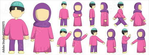 Moslem boy and girl character with magenta and purple outfit. Moslem couple cartoon character. Suitable for ramadhan graphic design element and sticker pack