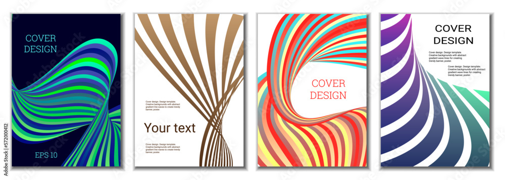 A set of 4 abstract covers. Wavy parallel gradient lines, ribbons evolve. Cover design, background. Trendy banner, poster. A set of 4 abstract covers. Wavy parallel gradient lines, ribbons evolve. Cover design, background. Trendy banner, poster.