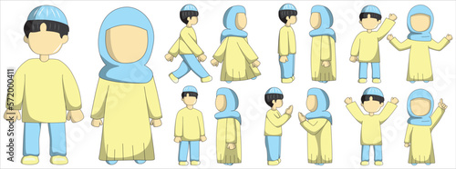 Moslem boy and girl character with blue and yellow pastel outfit. Moslem couple cartoon character. Suitable for ramadhan graphic design element and sticker pack