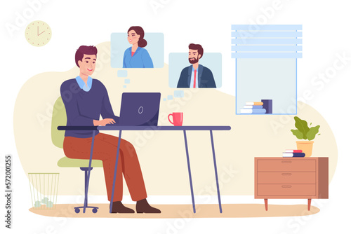 Male office worker collaborating with colleagues via internet. Company employee working remotely on laptop flat vector illustration. Teamwork, business, technology, communication concept for banner