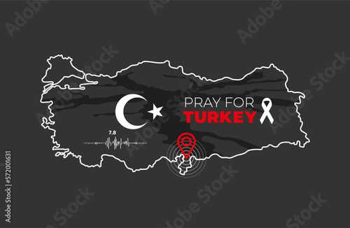 Pray for Turkey Vector illustration of a map of Turkey with the text. Map of Turkey in color of national flag with cracks. Turkey earthquake. Vector illustration
