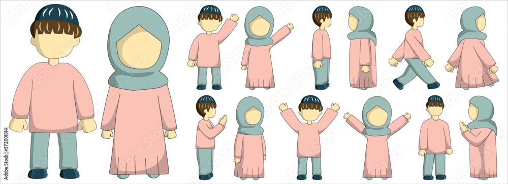 Moslem boy and girl character with pink and blue pastel outfit. Moslem couple cartoon character. Suitable for ramadhan graphic design element and sticker pack