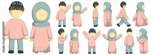 Moslem boy and girl character with pink and blue pastel outfit. Moslem couple cartoon character. Suitable for ramadhan graphic design element and sticker pack