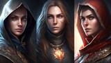 Shy and dangerous women who cross the path of the knight, from sorcerers, assassins and seductresses, to their accomplices and enemies AI generation.