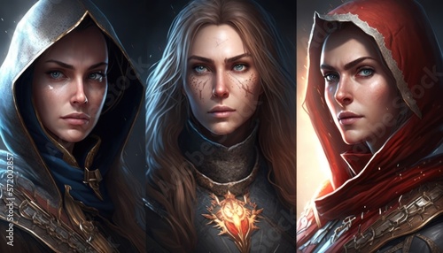 Shy and dangerous women who cross the path of the knight, from sorcerers, assassins and seductresses, to their accomplices and enemies AI generation. photo