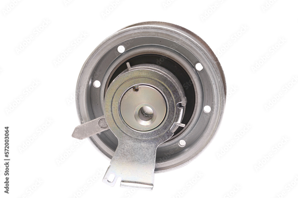 Automobile spare part. Close up repair kit: Tensioner pulley Deflection pulley. close-up on white background front view Automobile spare part. Close up repair kit: Tensioner pulley Deflection pulley. close-up on white background front view