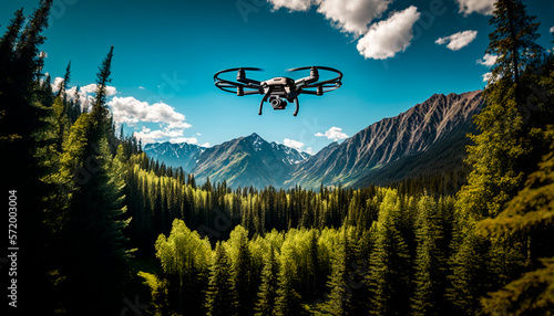 Generative AI image of contemporary drone flying over lush green woodland with coniferous trees amidst rocky mountains against bright cloudy blue sky © Nando Vidal