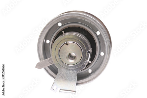 Automobile spare part. Close up repair kit: Tensioner pulley Deflection pulley. close-up on white background front view