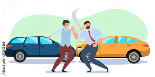 Angry car drivers fighting at accident site. Furious men arguing because of car crash flat vector illustration. Conflict, traffic safety, insurance concept for banner or website design