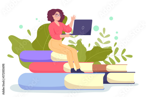 Happy female student with laptop sitting on huge books. Tiny woman in glasses studying biology online flat vector illustration. Education, botany, e-learning concept for banner or website design