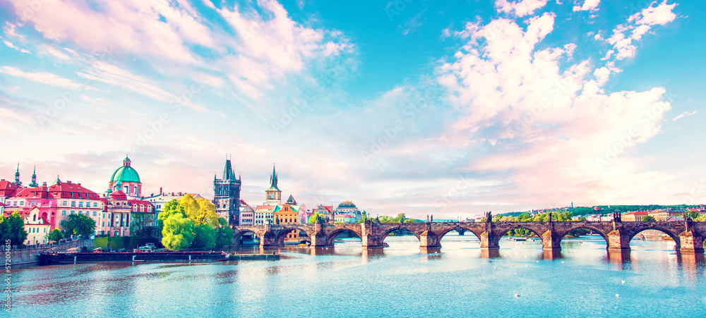 Picturesque magical beautiful landscape with Charles Bridge on the Vltava River in the old city of Prague, Czech Republic. amazing places. popular tourist atraction