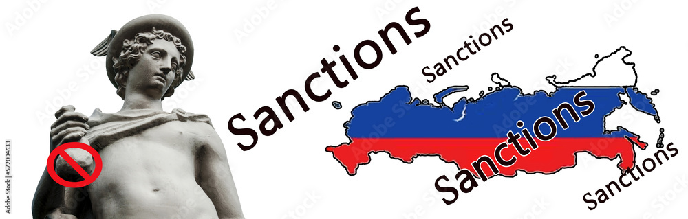 abstract background with statue of god Hermes (Mercury), patron of business, commerce. (Sanctions for Russia, economic crisis – conceptt)