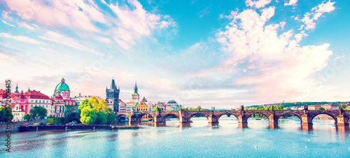 Obraz na płótnie Picturesque magical beautiful landscape with Charles Bridge on the Vltava River in the old city of Prague, Czech Republic. amazing places. popular tourist atraction w salonie
