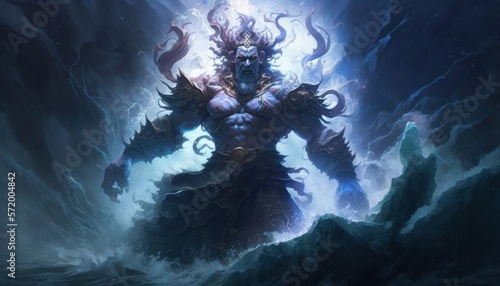 Susanoo  the god of the sea and storms  was revered for his courage and strength  but also feared for his unpredictable temper. AI generation.