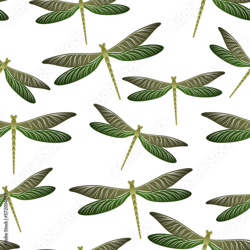 Dragonfly flat seamless pattern. Summer dress fabric print with darning-needle insects. Close up