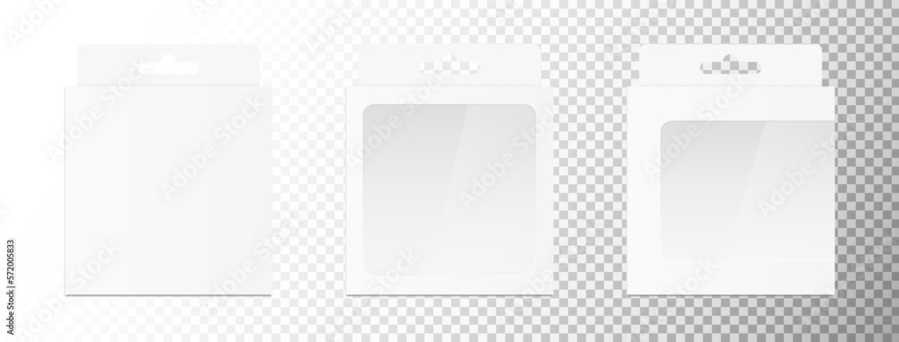 White packaging box with hang tab set isolated on transparent background. Three different realistic blank empty boxes with shadow. Front view. Retail product package. 3d vector illustration White packaging box with hang tab set isolated on transparent background. Three different realistic blank empty boxes with shadow. Front view. Retail product package. 3d vector illustration