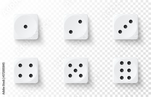 Dice game set with white cubes isolated on transparent background. Realistic gambling dices collection. Template for play in casino. Dots from one to six sign. 3d vector illustration