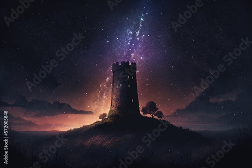 mysterious tower looming in the night sky, surrounded by a blanket of stars. AI generation.