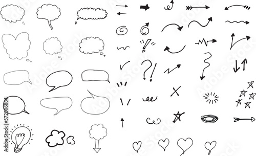 Set of doodles Arrows and speech bubble , Hand drawn hearts , Doodles icons vector