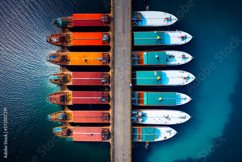 An aerial view of a fleet of oil tankers lined up at a port, waiting to be loaded or unloaded Generative AI