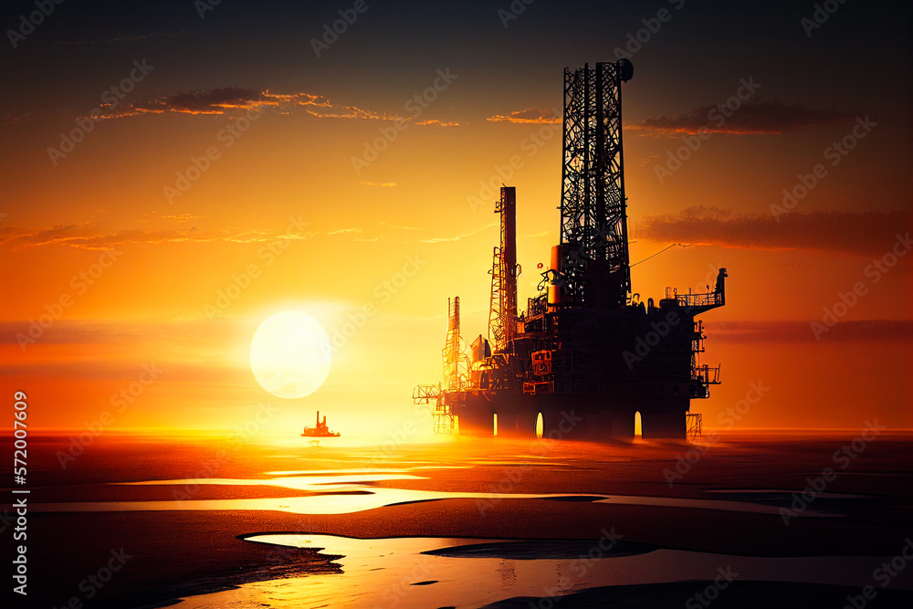 Show the sunset behind an oil rig, with the silhouette of the machinery casting long shadows across the ground Generative AI