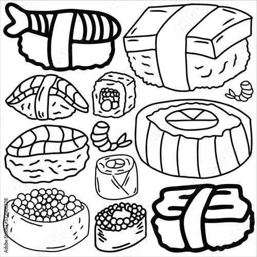 sushi doodle set vector illustration. suitable for sticker pack, graphic design elements, and logo